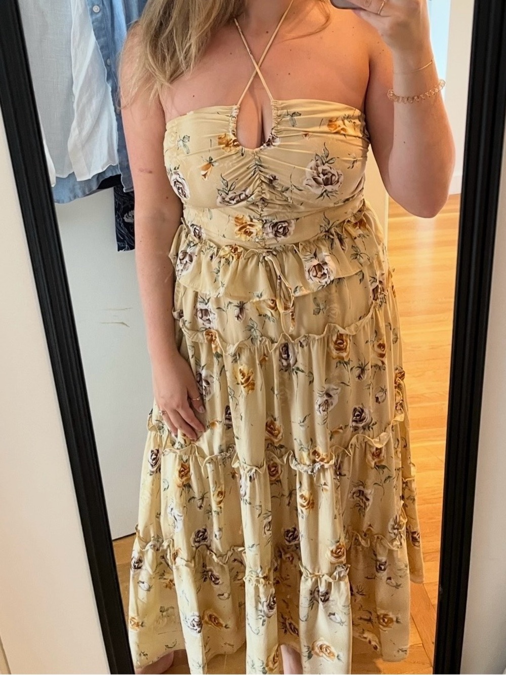 En Saison Strapless Floral Tiered Maxi Dress in Butter Yellow